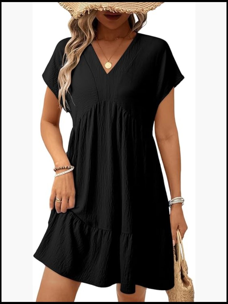 Deep V Neck Loose Sundress Short Sleeve Mini Dress With Pockets